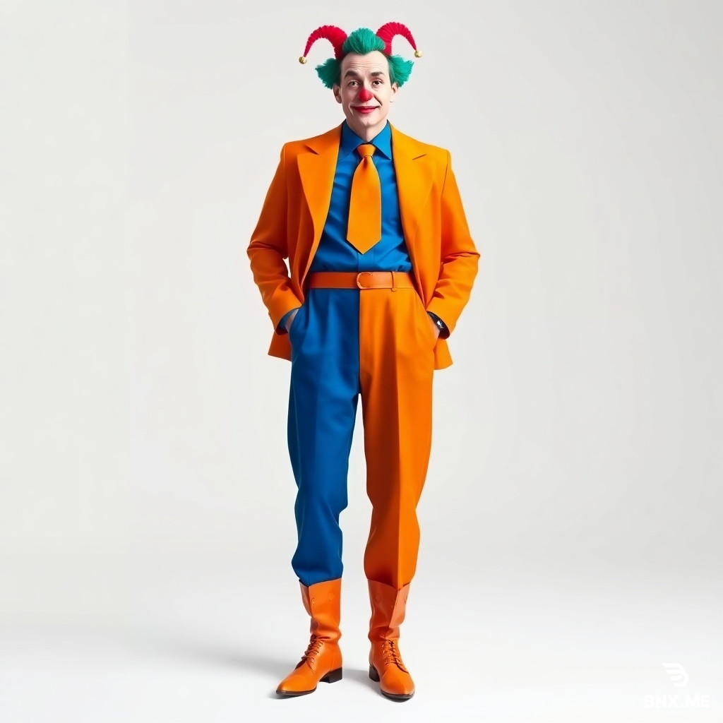 A full-body portrait of a person wearing a whimsical clown costume. The costume consists of: baggy blue jodhpur pants that are wide at the hips and tight at the calves, a blue dress shirt, a bright orange necktie, an orange jacket with extremely wide and exaggerated shoulder pads, and orange Cossack-style leather boots with pointed toes. The person is standing in a confident pose against a simple studio background. Vibrant circus colors, soft diffused lighting, high detail on fabric textures. Realistic digital art style, 8k resolution.