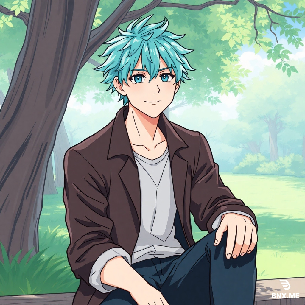 Handsome man with turquoise hair sitting in the park with Ghibli art style