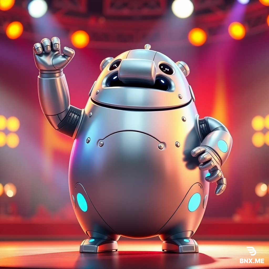 3D render, Pixar style, full body shot of a cute chubby robot mascot. It has a shiny metallic body, round and plump, with visible rivets and soft glowing blue accents. Its face is expressive, with a wide, confident grin. The robot is striking a dramatic superstar pose, like a rock star on stage, one arm raised, full of energy and swagger. The overall vibe is fun, confident, and slightly mischievous, reminiscent of a charismatic and lovable performer. Bright, colorful stage lighting, background is a vibrant concert stage. **Choose one of the two below**:  **Option A (Capybara Inspiration):** The robot's head has the distinctive square-ish snout and calm, Zen-like expression of a capybara, with small, rounded ears on top of its head.  **Option B (Jaguar Inspiration):** The robot's metallic body features stylized, glowing spots like a jaguar's rosettes, and its face has a slightly more alert, feline-like intensity, with two small metallic whisker-like antennae on its cheeks.