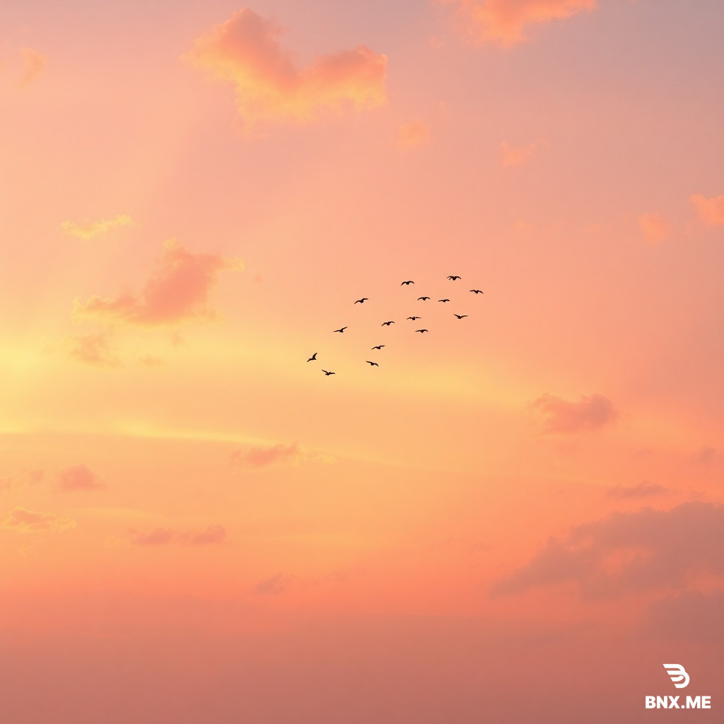 "A breathtaking wide sky during golden hour, soft gradient of warm orange, pink, and purple, scattered fluffy clouds glowing at the edges, a flock of small birds flying in a V-formation across the sky, peaceful and dreamy atmosphere, high resolution, photorealistic."