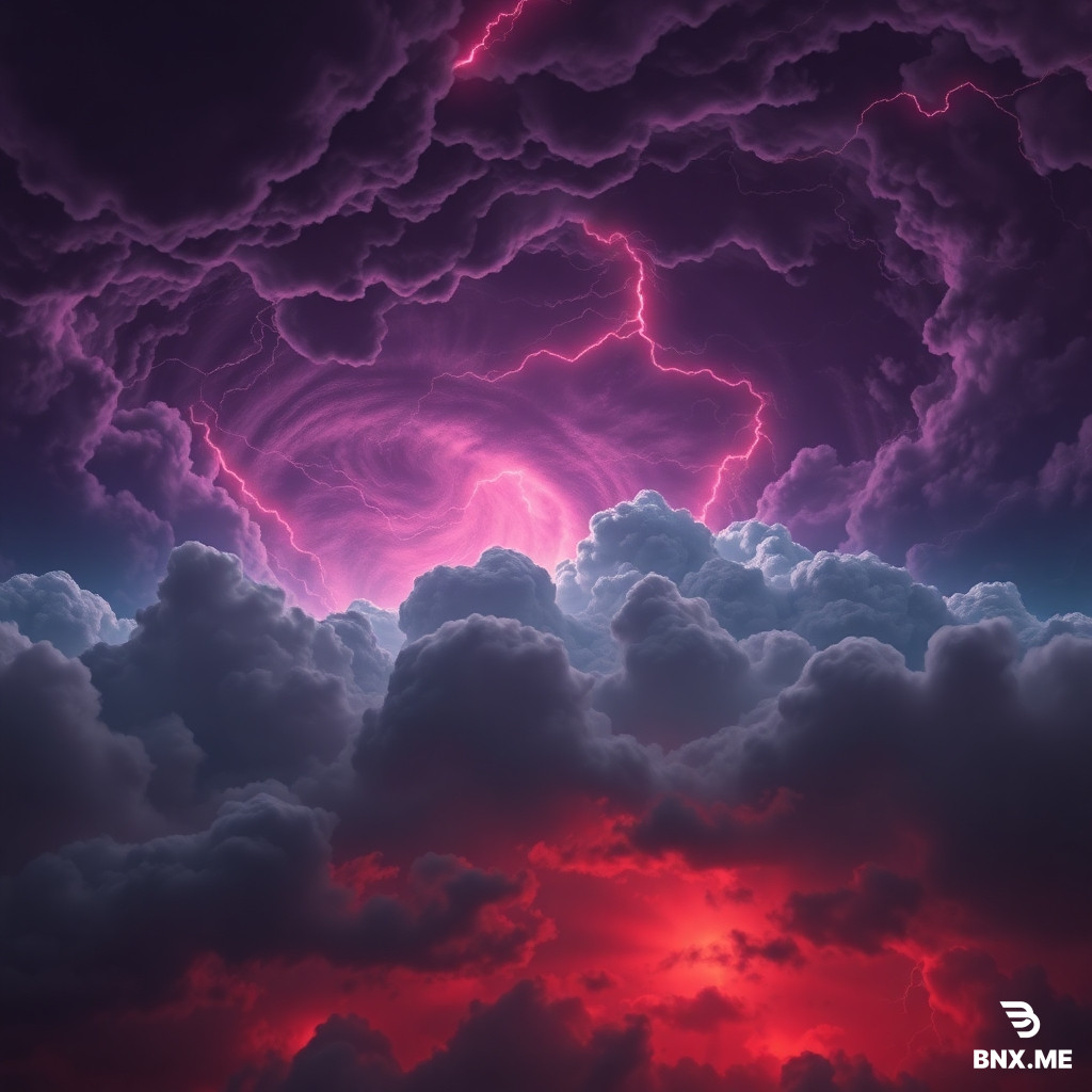Primordial Chinese mythical style. Above the nine heavens, chaotic dark clouds churn like giant waves, forming a huge dark purple vortex. Deep within the clouds, crimson lightning flickers and darts, like the capillaries of the heavens. The sky has an ominous, oppressive feel. In the distance, faint red electric flashes weave through the clouds. Cinematic lighting, ultra-wide angle, extreme long shot, heavy atmosphere, epic feel, 4K