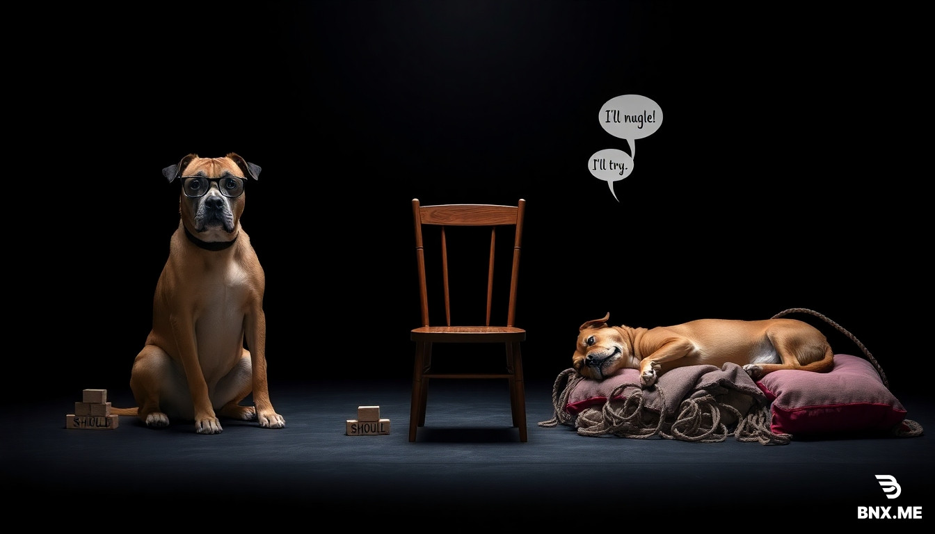 A single, medium-sized dog of ambiguous breed, embodying two internal states, sitting on a dimly lit psychological stage. On one side, the "topdog" persona: it sits upright, rigid, wearing oversized judge's spectacles, a stern expression, its body stiff with self-righteousness, a small, neat pile of bricks at its feet, each one stamped with a bold "SHOULD". On the opposite side of the stage, the same dog expressing the "underdog" persona: it lies flat on a heap of tangled, unkempt cushions, belly up, with a look of theatrical defeat and pleading in its eyes, its body language a mix of apology and cunning evasion; small thought bubbles above it read "I'll try" and "I can't". Between them, an empty wooden chair, a visual metaphor for the Gestalt therapy "empty chair" technique used to explore this internal conflict. The air between them is thick with invisible, taut ropes, showing their dynamic tension. The lighting is a single, stark spotlight from above, casting long shadows and leaving the edges of the scene in deep, dark.  Symbolic, conceptual art, high detail, psychological illustration style, muted palette of grays, faded ochres, and dusty blues.
