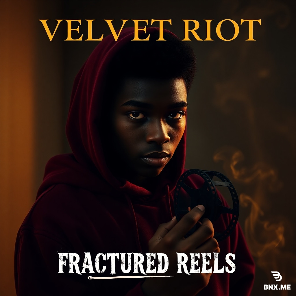 "Cinematic poster. A striking black teenager with dark skin, intense eyes, dramatic shadow on face, wearing a velvet burgundy hoodie. Standing in dim room with gold rim light. Holding a vintage film reel. Deep charcoal background. Gold smoke swirls. Moody, aesthetic, emotional. Text 'VELVET RIOT' in elegant gold serif font at top. Text 'FRACTURED REELS' in rough white grunge font underneath. 16:9 ratio. High detail, cinematic lighting, film grain."