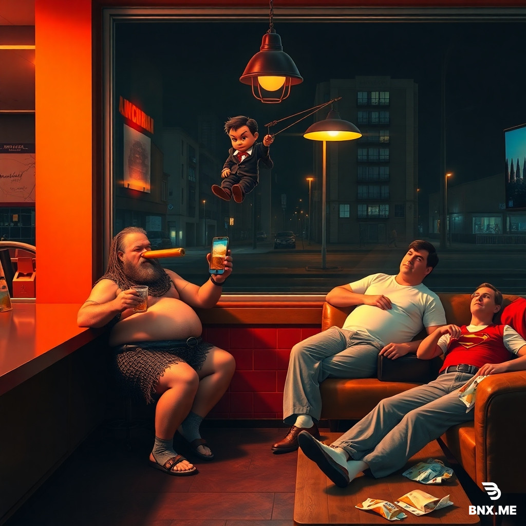 Edward Hopper "Nighthawks" parody scene, night diner interior with large glass window, warm electric orange light spilling onto empty dark street, but instead of regular customers:  - Hobit (fat hairy barefoot man in chainmail with beer belly hanging out, holding kebab in one hand and beer mug in other, wearing Birkenstock sandals over grey socks) sitting at counter. - Pinocchio standing next to him taking selfie with long selfie stick, his wooden nose extended so far it pokes into the smartphone camera lens, glowing screen reflection on his face. - Tarzan swinging on a black necktie instead of vine between two office buildings visible through window, briefcase in one hand, colleagues staring from windows. - Alice in Wonderland with thick mustache and dressed like cheap prostitute, fishnet stockings, tiny top, leaning against counter. - Superman lying on a worn couch in grey sweatpants and white t-shirt, underwear worn over sweatpants, red cape thrown over a desk lamp, belly spilling under shirt, holding TV remote, empty chip bags around him. - Cinderella sitting on prince's lap but looking disgusted, prince wearing Crocs, Cinderella shyly smiling. - Sherlock Holmes holding huge smartphone like a magnifying glass, Google Maps arrow on screen pointing exactly at his feet, Watson behind him rolling eyes. - Asterix holding red Red Bull can instead of magic potion, Obelix next to him with Monster can, both have tiny wings glued to cans. - Winnie the Pooh hugging tenth honey pot, half filled with rum, Eeyore next to him holding a glass with bored expression. - Old man from Old Man and the Sea sitting in small boat placed inside diner, sea calm, no fish, bottle of rum in front. - Paddington Bear sitting alone at night table, empty marmalade jar, small whisky glass beside, lost blank stare. - Giant Moby Dick whale squeezed through diner door, blood pouring from mouth because hooked on large fishing hook. - Soldier Švejk with beer and a bong next to him. - Winnetou with pink headband instead of feather. - Little Prince standing on his tiny planet drawn on floor, neglected rose bush, black flat-top punk haircut. - Giant sandworm from Dune emerging from sand – but it's just a children's sandbox in corner of diner, kids with shovels and buckets around it.  All figures in sharp Hopper style, cinematic lighting, deep shadows, cool blue night exterior through windows, warm amber interior, retro 1940s diner decor, neon sign outside, realistic oil painting texture, highly detailed, moody atmosphere, absurdist humor.