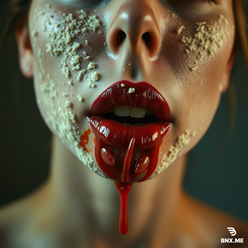 The girl with cum on her face and lipstick smeared, the carcass flowed