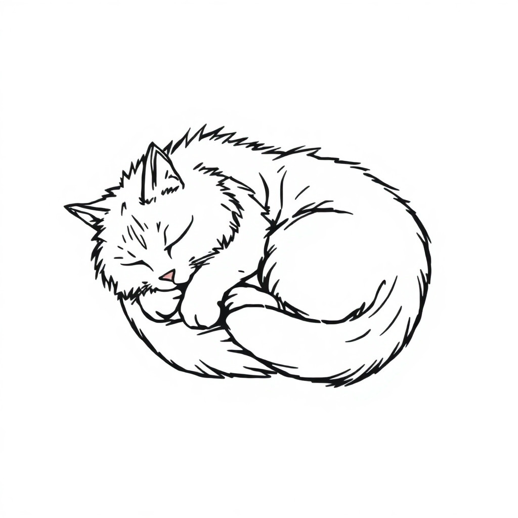 A Maine Coon cat sleeping curled into a tight round ball, body wrapped in a circle, tail tucked around, head resting on paws or buried in fur. Line art / ink sketch style, cartoon but not cute, rugged and majestic expression, visible ear tufts and thick mane, large paws slightly visible. Bold clean strokes, no shading, monochrome black on white, minimalist, slightly wild and stoic vibe. Circle composition, suitable for avatar or logo. --ar 1:1