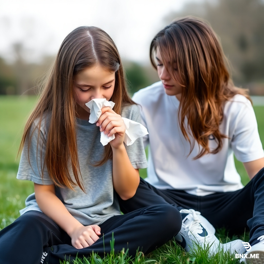 make a image of a 13 year old girl (has long straight brown hair and brown eyes) that has a cold and is blowing her nose hard with a white tissue with 2 of her hands holding the tissue and her eyes closed. (show the front side of the girl) hardly and is wearing a grey t shirt and wearing black flared leggings and white nike shoes outside and sitting down on grass with her boyfriend that has same hair colour as her, and same age as her. and is wearing white nike t shirt, and is wearing black strechy trousers and white nike shoes