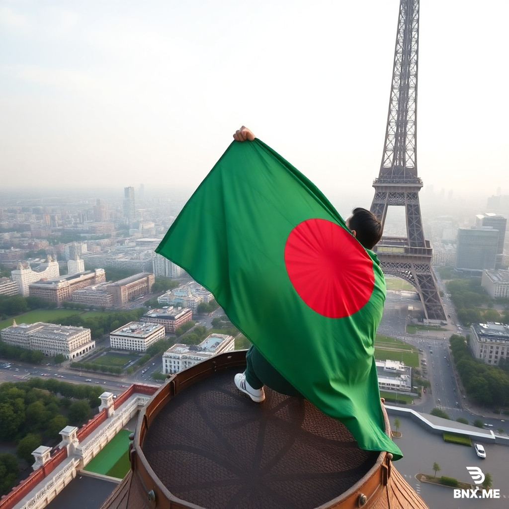 A Bangladeshi guy holding the Bangladeshi flag riding on the top of the Eiffel Tower