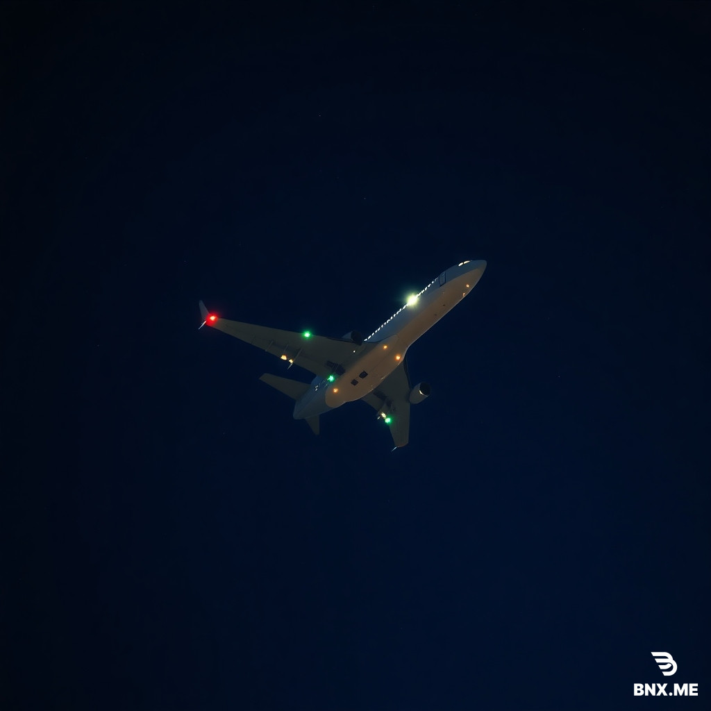 Photorealistic, night sky, deep dark blue with scattered faint stars, a commercial airplane flying at high altitude, navigation lights blinking — red and green wing lights, bright white landing lights glowing from the fuselage and wings, a subtle warm light from cabin windows visible. The plane is seen from below at a slight angle, moving across the sky. Soft light trails from the plane's lights against the dark background. No moon, slight haze, high resolution, ultra realistic, 8K, cinematic lighting, shot with a long exposure for light trails."