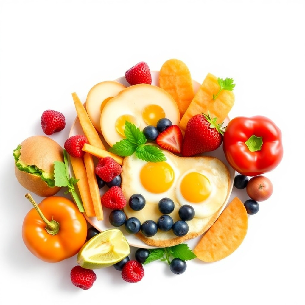 that suggests a healthy breakfast, with more healthy foods, but the image should not be crowded, on an immaculate white background