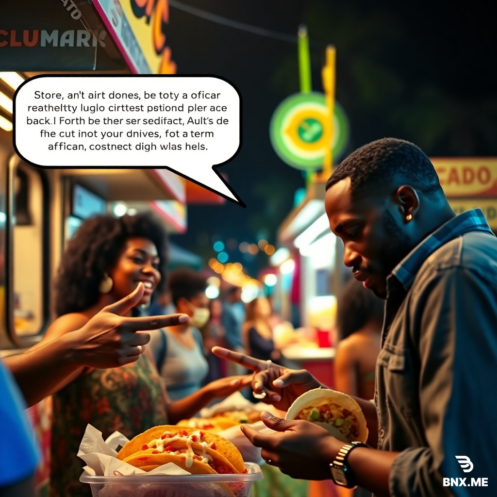 Cinematic photorealistic capture, candid shot, shallow depth of field. At a vibrant nighttime Cinco de Mayo street festival, a man is animatedly giving his friend "the 1,000-yard stare" while gesturing toward a taco truck with one hand and his friend's non-Black girlfriend, who is obliviously ordering, with the other. The speech bubble reads: "Brother, this ain't a relationship; this is a transactional pleasure contract with seasoned fries! Does your long-term Pan-African economic plan involve a quesadilla? No, it does not!" The girlfriend is smiling and smelling the food, completely unaware, while the friend looks down at his tacos, deep in thought, crushed by a cultural verdict delivered over hot sauce.