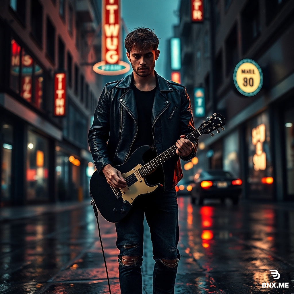 A cinematic music banner for a male singer with short messy hair, wearing a black leather jacket and ripped jeans, standing alone on a rainy city street at night, holding a guitar, neon signs reflecting on wet pavement, moody and mysterious atmosphere, dramatic shadows, photorealistic, 8k, high fashion, album cover style, vertical poster composition