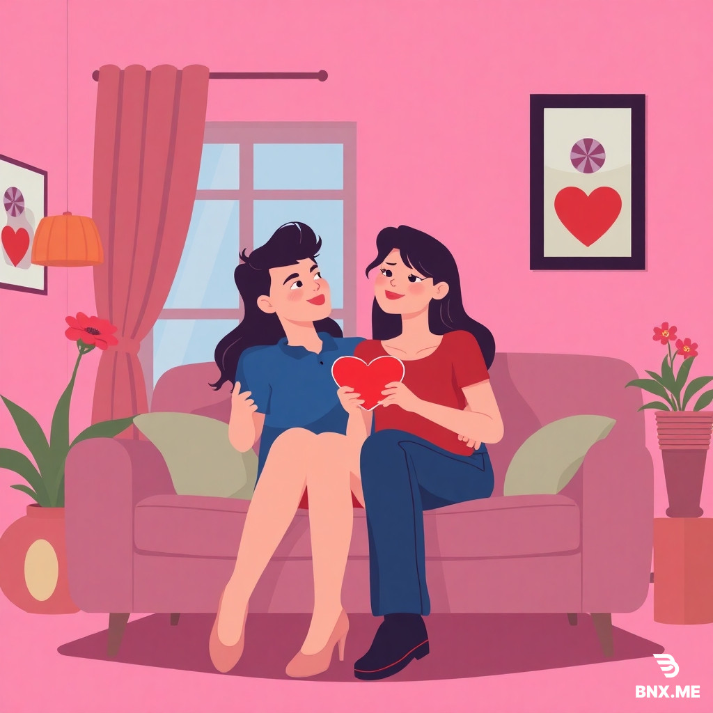 Вкладыш-открытка Love is в эстетике 90-х. Плоский графический дизайн (flat design), яркие цвета, черная контурная обводка. Мультяшный стиль, большие головы, маленькие тела. Без теней и градиентов нарисуй картинку: парень и девушка сидят на диване и смотрят фильм