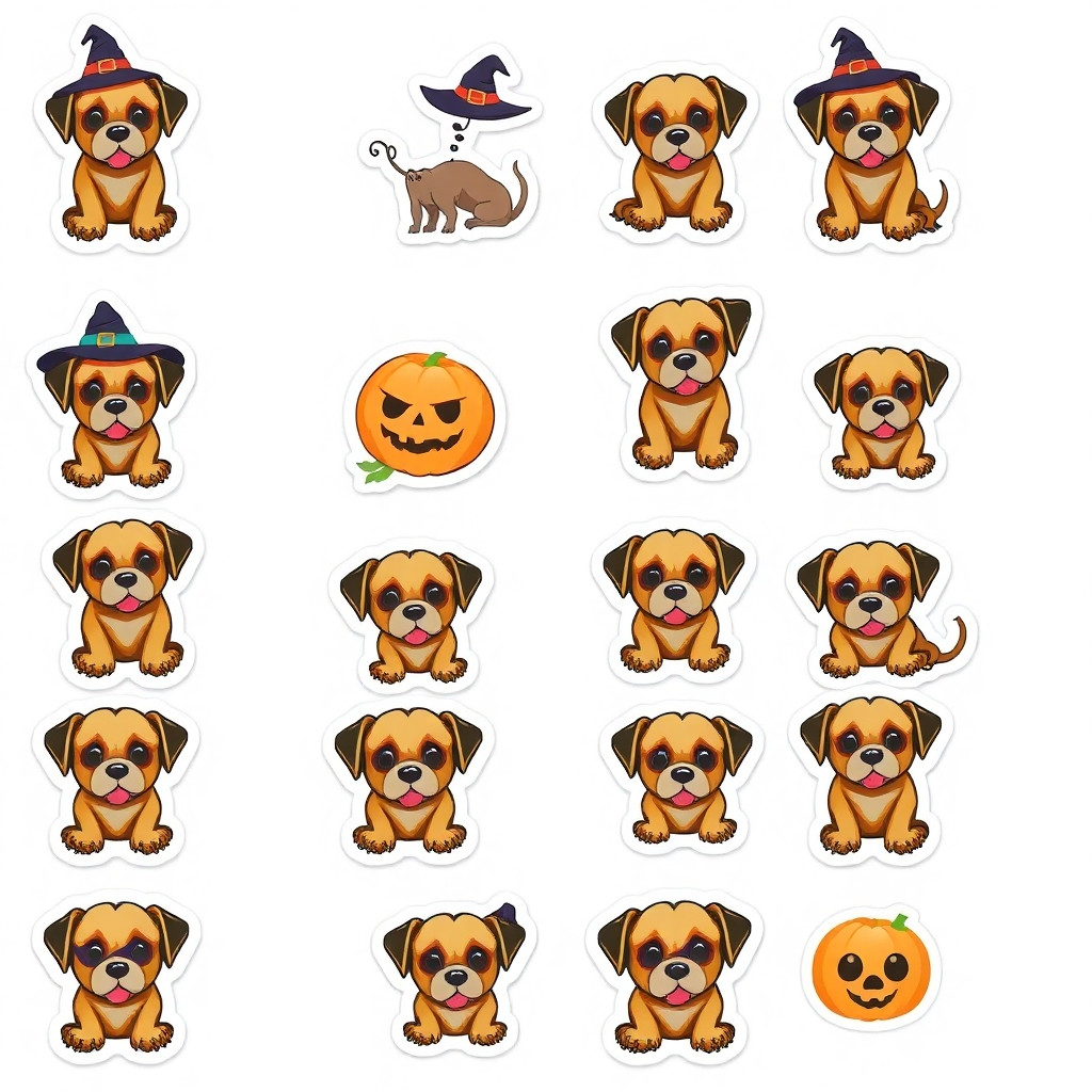 A 4x4 grid sticker sheet design, 16 individual Halloween-themed stickers arranged on a white background, doggy, die-cut stickers, separated by white space, clean edges, no background, high resolution, flat vector illustration style, isolated elements.