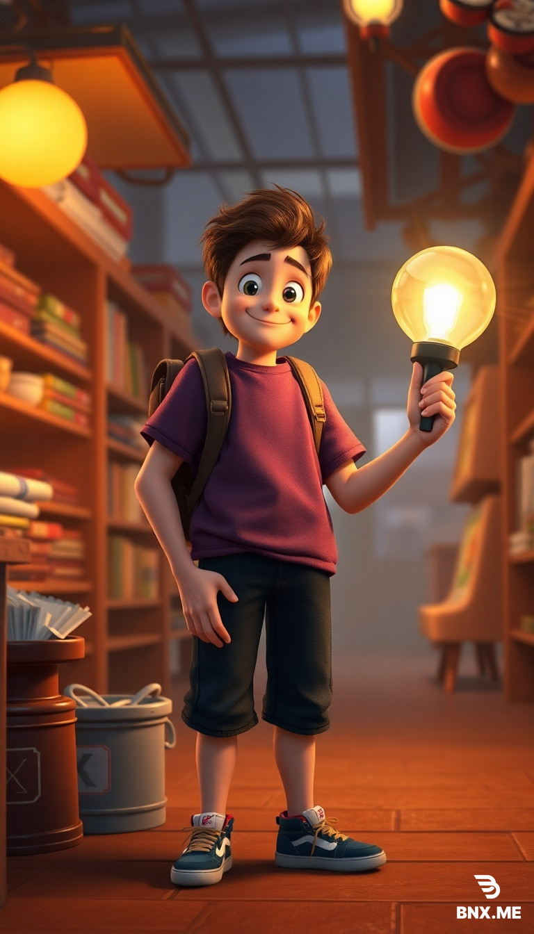 Нарисуй молодого продавца освещения в духе Pixar-анимации. Ему около 24 лет, он полон энтузиазма и немного суетлив. Он будто только что выбежал из-за прилавка, чтобы помочь клиенту: одна рука поднята в жесте “сейчас всё покажу!”, в другой — светодиодная лампа необычной формы. На лице — азарт и радость. Одежда молодёжная: свободная футболка оверсайз с минималистичным принтом, поверх — лёгкая джинсовая куртка с закатанными рукавами, свободные брюки-чиносы, кеды. Жёлтые детали: ярко-жёлтая футболка, жёлтые носки, выглядывающие из кед, и маленький жёлтый брелок-лампочка на куртке. Магазин вокруг него — как лаборатория света: на стенах висят разные светильники, на столе — катушки с проводами, образцы плафонов, рядом — кот, который играет с гирляндой. В воздухе — лёгкие световые частицы. Стиль Pixar: преувеличенные, но узнаваемые пропорции, яркие, жизнерадостные цвета, динамичная композиция, много мелких деталей.