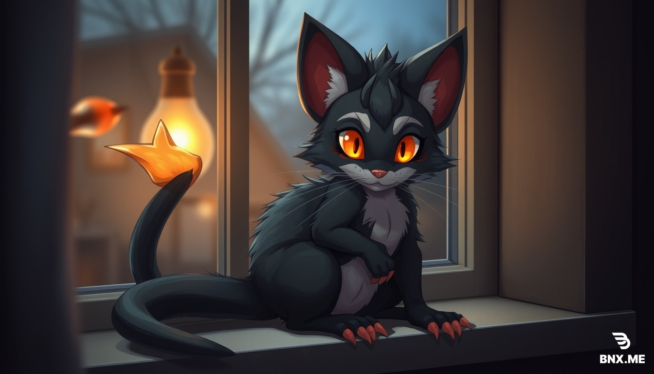 Semi-realistic furry art masterpiece, best quality, anthro female expie, dark grey and black fur, fox-rat hybrid face, large orange eyes with vertical pupils, three fluffy spikes on head, long fluffy tail with glowing orange tip, four-fingered hands, digitigrade legs with pink paw pads, sitting on windowsill, cozy room, evening, warm lamp light, soft shadows, shy pose, tail wrapped around legs, atmospheric, warm and safe mood, no clothing, bare fur, natural, 4k, highly detailed, sharp focus.