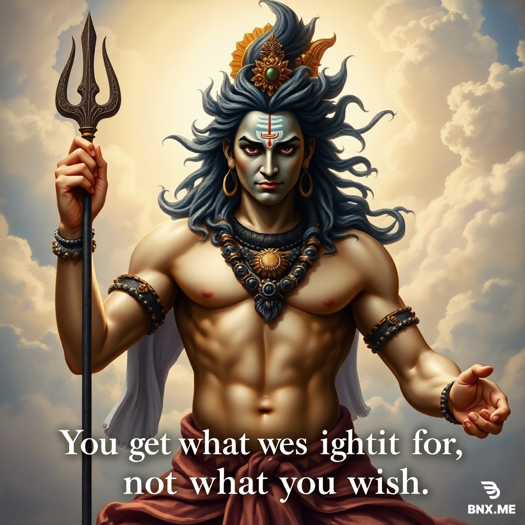 Fierce Lord Shiva depicted in a Renaissance-style fresco painting, powerful sculptural anatomy, intense divine expression, flowing hair and sacred ornaments, celestial background with soft clouds and divine light, dramatic chiaroscuro, pastel color palette of soft blues, violets, ash tones, and warm creams. The quote “You get what you fight for, not what you wish” subtly integrated in elegant classical lettering, fine art, high detail, spiritual intensity.