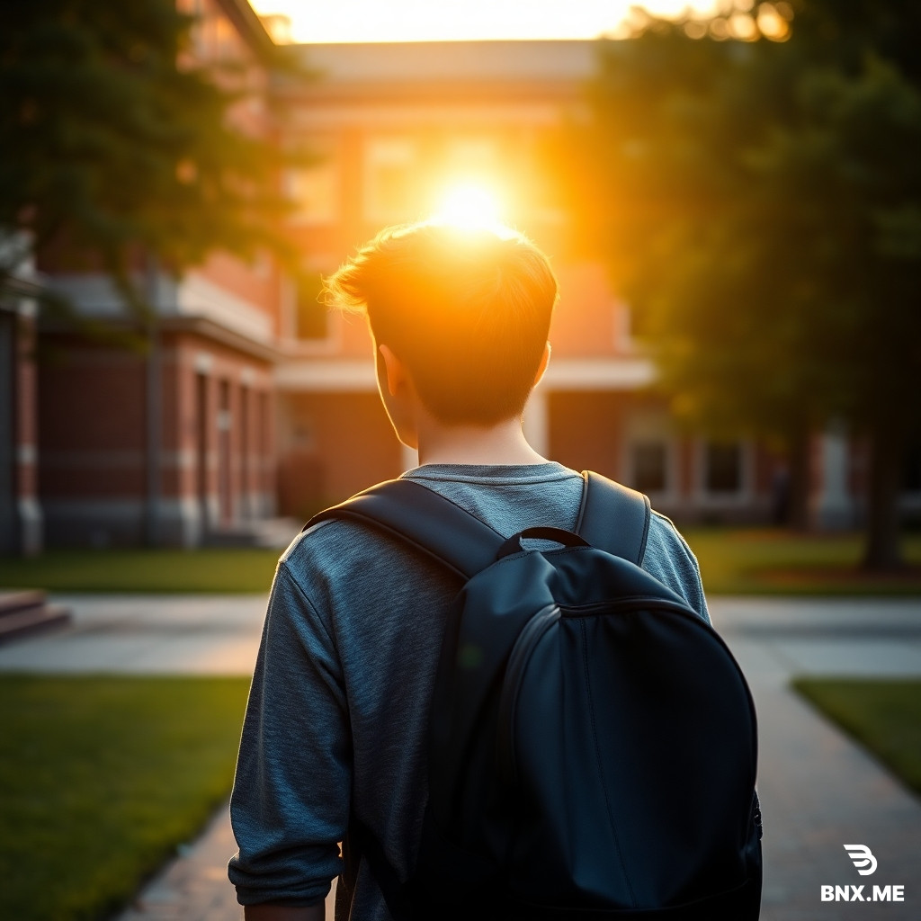generate an image of a teenage boy standing outside the college and looking at his college with black backpack and full of hope, cinematic , 4k, and realistic,  warm sunlight