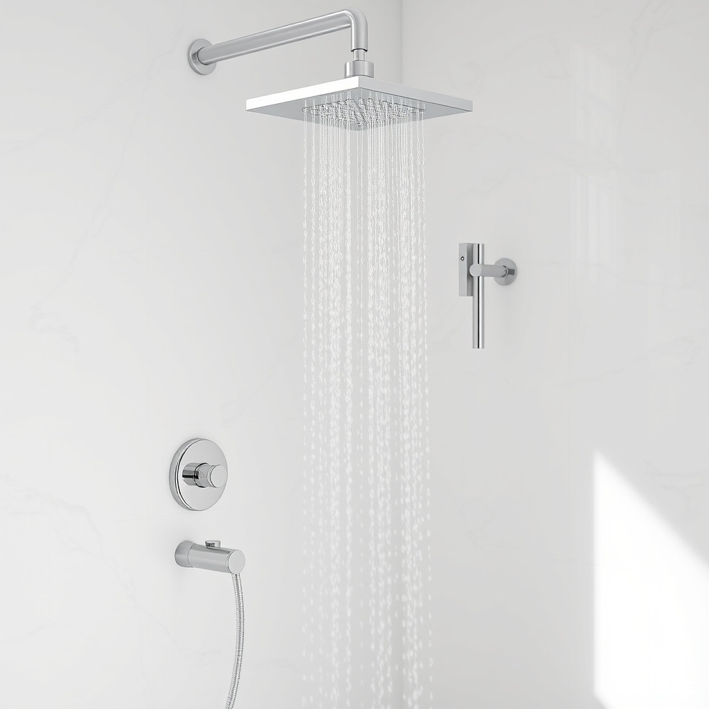 White piano key shower set with rainfall shower head, thermostatic valve, clean minimalist composition, soft natural lighting, marble wall background, no text or watermarks, luxury bathroom design, photorealistic, high detail --ar 2:3