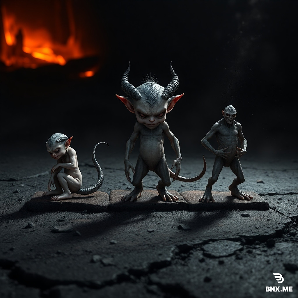 Cinematic concept art, triptych evolution chart of three demonic imps standing side by side on a dark, slag-covered stone floor, atmospheric grimdark fantasy style, hyperdetailed texture, dramatic rim lighting from a distant molten lava fissure, heavy shadows, dusty air with floating ash particles.  Left figure (Stage 1 - Newborn Imp): Microscopic demon, exactly 5 cm in length, curled tightly in a fetal position, embryo pose, arms wrapped around knees, head tucked down. No wings, no horns, completely bald. Skin color is pale ash-grey, semi-translucent, showing fragile thin skin. Tail is extremely short and stubby, resembling a hamster's tail, not prehensile. Eyes closed, expression vulnerable and unformed. Floating slightly above the ground on a dusty stone slab.  Center figure (Stage 2 - Adolescent Imp): Height 10 cm, standing upright with an arrogant, cocky posture, hands on hips or one fist raised in defiance. Still no wings, but two small bony horn buds (like pimples) are visibly breaking through the forehead skin. Skin is darker grey, stretched tight over developing lean muscles visible beneath the dermis (biceps, shoulders). Face features a cocky, smug, scarred grin, with a cut on the lip, showing confidence and pride. Fingers end in tiny, sharp but still small claws. Eyes are yellow, narrow, with a rebellious spark.  Right figure (Stage 3 - Juvenile Imp): Height 15-20 cm, standing firmly, serious and somber facial expression, weary look in the eyes. Full-grown curved goat-like horns protruding from the temples, textured and ridged. Small, underdeveloped leathery bat-like wings sprouting from the back, folded awkwardly, too weak for flight. Skin is rough, calloused, covered in dirt and minor scars, thick hide. Wears ragged, crudely sewn patchwork rags and tattered cloth wrapped around the waist and shoulders. In its right hand, it holds a large, rusty awl or sharpened spike used as a makeshift spear. Hands are thick, calloused, with heavy knuckles. The overall posture exudes exhaustion and grim survival, standing slumped but ready for battle.  Background: Vast, infinite cave system with impossibly high vaulted ceilings hidden by crimson-grey storm clouds. The environment is a mix of ash desert, scorched wasteland, and melted concrete labyrinths. The three figures are placed on a pedestal of fused bone and blood-clinker (dark burgundy concrete). The color palette is muted greys, dried blood red, soot black, and pale bone white. No bright colors, only oppressive darkness and heat haze.  Style reference: Dark Souls concept art, Zdzisław Beksiński atmosphere, gritty medieval metal textures, photorealistic skin, cinematic depth of field.