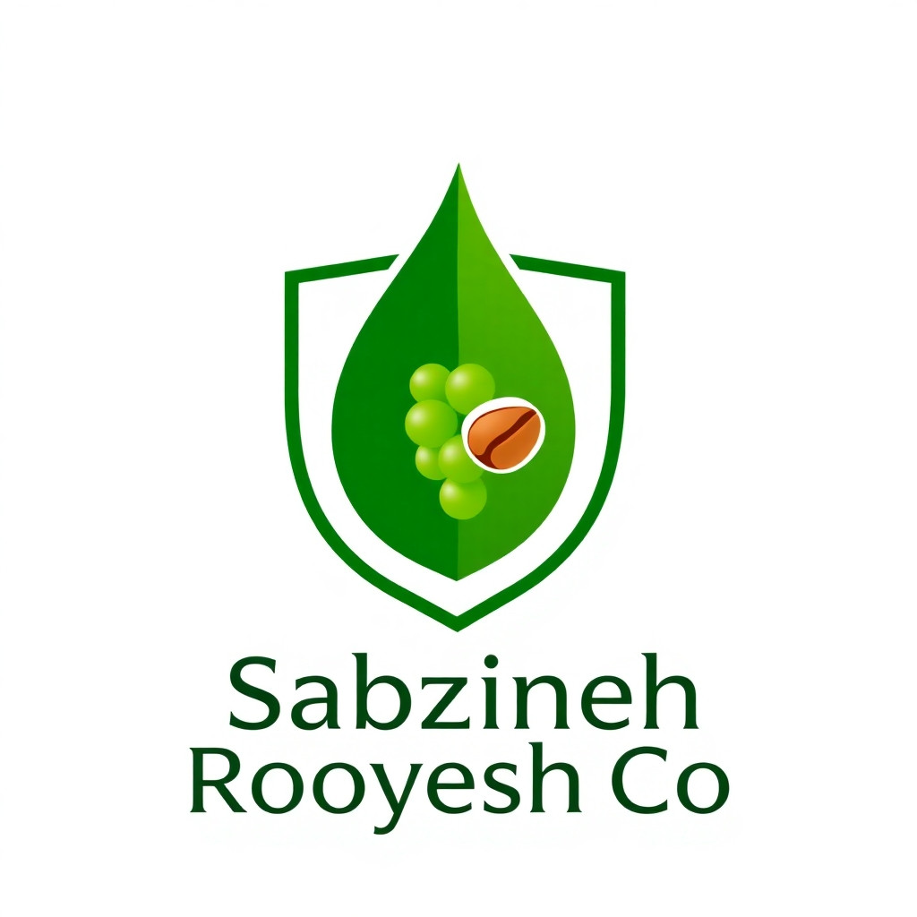 Professional premium square logo for "Sabzineh Rooyesh Co" agricultural company. Bold modern sans-serif English text "Sabzineh Rooyesh Co" placed prominently at the bottom as the main typography. Main icon above text: an elegant elongated leaf seamlessly morphing into a protective water droplet and shield outline. Within the leaf's negative space, subtly integrate a tiny grape cluster with 4-5 berries and a single pistachio nut with a split shell. Color palette: dark emerald green #1A4A2F, vibrant green #66BB6A, subtle earth brown #A0522D. Clean minimalist vector art, sharp crisp edges, high contrast, pure white background, perfectly centered balanced composition, corporate agribusiness branding style, excellent for Instagram profile picture. --ar 1:1