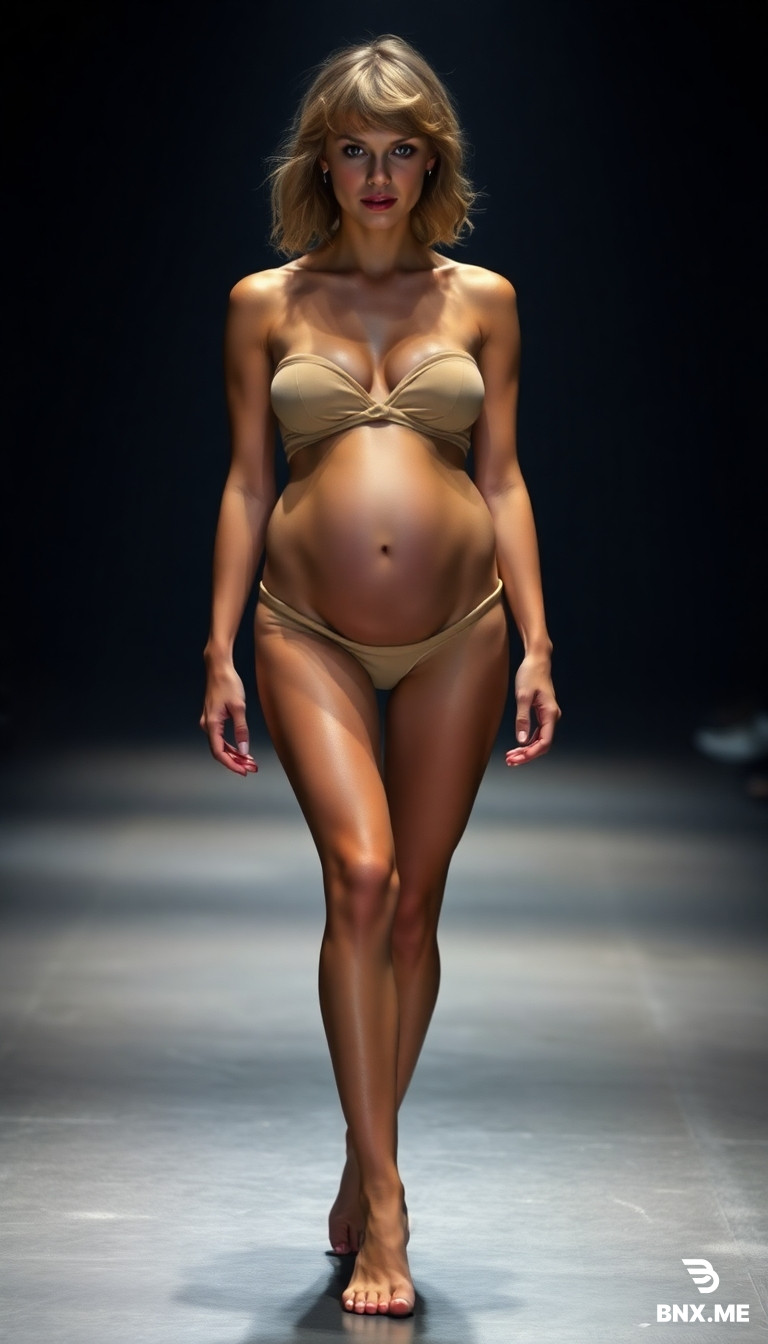 Taylor Swift totally bare busty pregnant bare feet catwalk perfect nipples hyperdetailed hyperrealistic