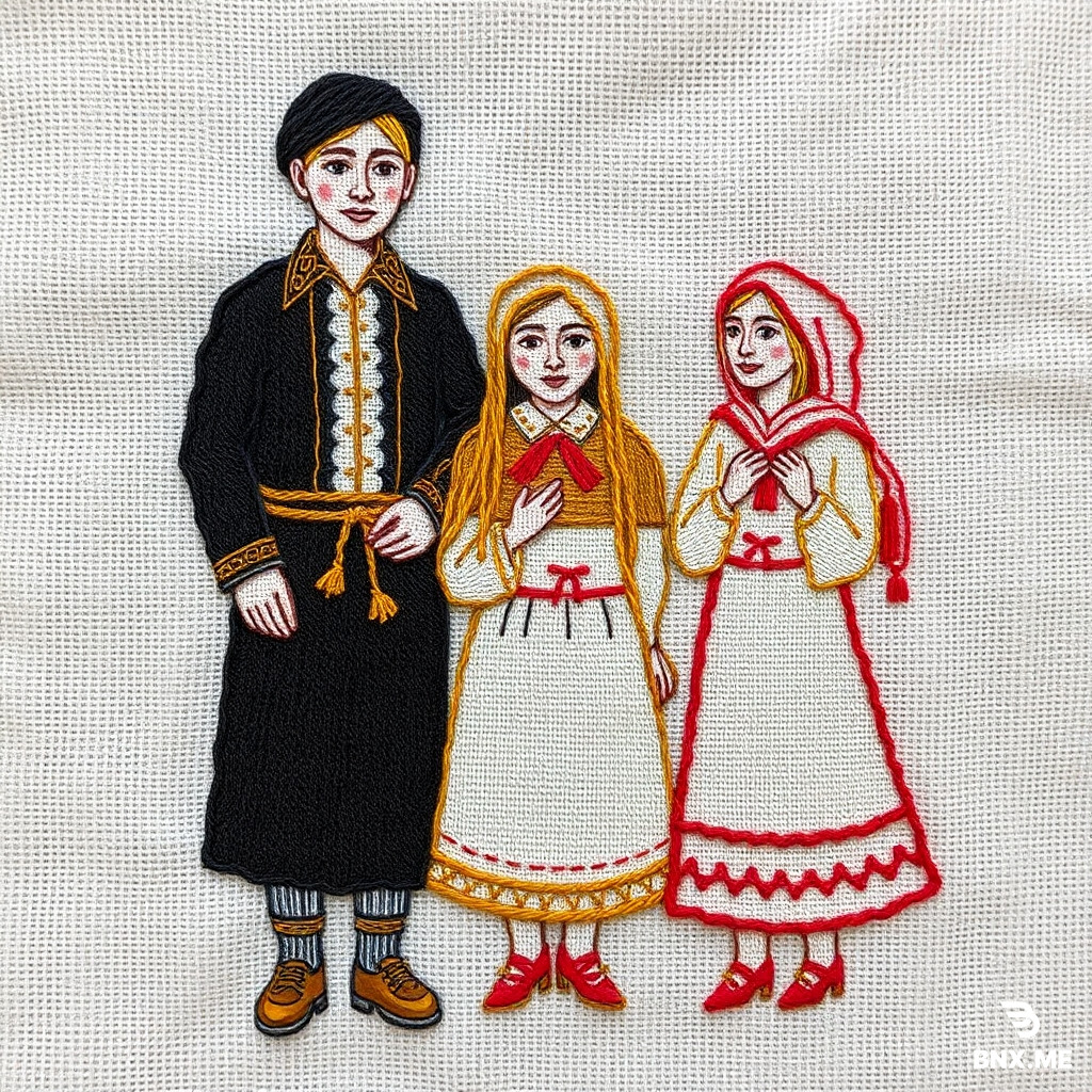Handmade embroidery of Iranian ethnic groups with traditional clothing on raw cotton fabric, visible thread texture, loose handmade stitches, earthy colors, warm light, and simple composition, evokes rural art and affection.