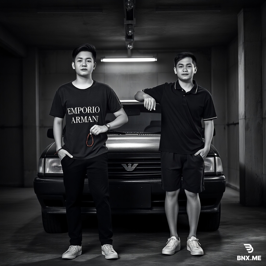 A hyper-realistic, black and white full-body RAW photograph of two 17-year-old teenage boys standing side by side in a dimly lit, gritty garage. In front of them is an old, dusty black cheap sedan car. The lighting is dramatic and moody, coming from a single overhead fluorescent tube, creating hard shadows on the concrete floor.  Left Boy: Tall, lean build, completely clean-shaven (no facial hair, smooth skin). He is wearing a dark grey cotton t-shirt with "EMPORIO ARMANI" written in bold, white, capital letters centered on the chest. He also wears black trousers, a simple bracelet on his wrist, and holds Muslim prayer beads (tesbih) loosely in his right hand. His arms are completely hairless.  Right Boy: Slightly taller than the left boy, also completely clean-shaven (no facial hair at all). He is wearing a black polo shirt (collar popped or flat), black shorts, and clean white sneakers. He has his arm placed casually and protectively around the left boy's shoulder.  Technical Settings: Shot on 35mm film, Canon EOS R5, natural pose, looking towards the camera, serious expressions. 8K resolution, high contrast, sharp focus on the subjects, slightly blurred gritty background. Professional lighting, realistic skin texture and pores. --ar 4:3