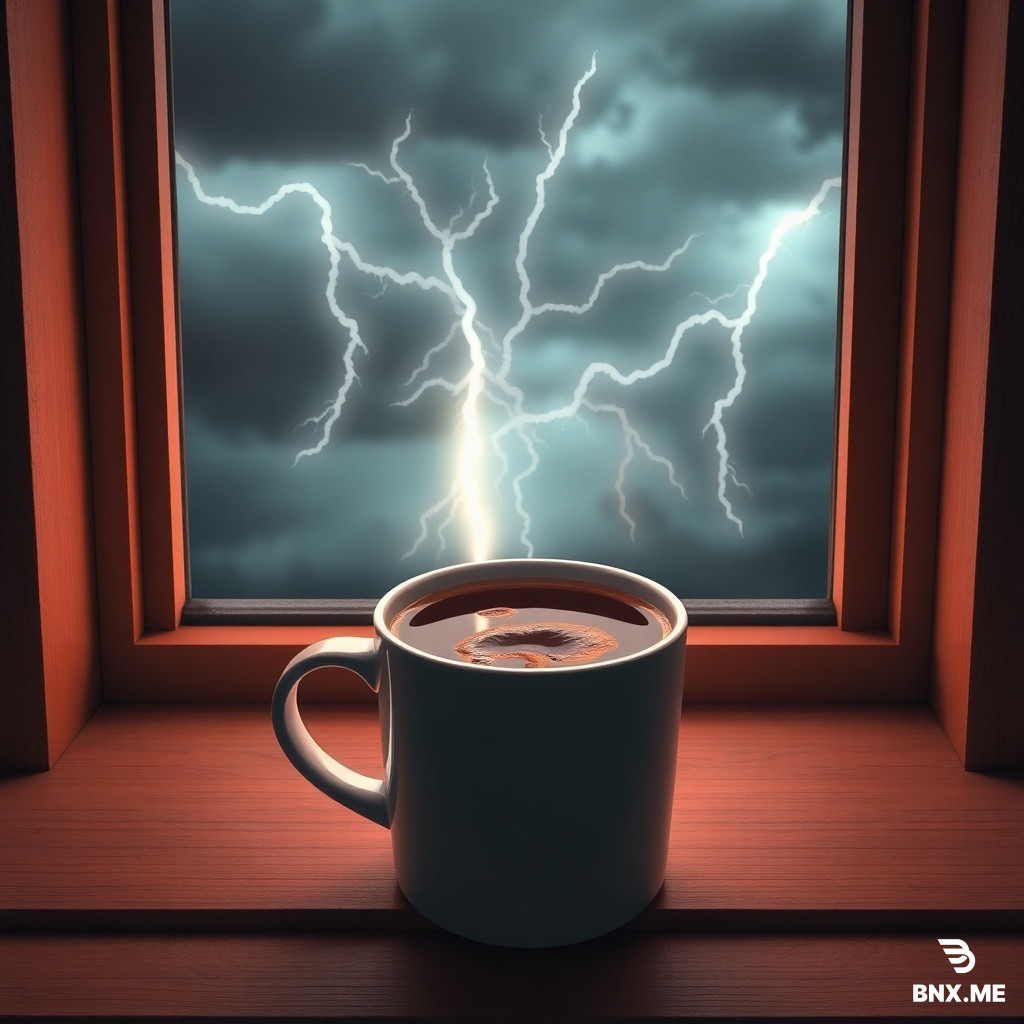 A 3D render of a coffee mug placed on a window sill during a stormy day. The storm outside the window is reflected in the coffee, with miniature lightning bolts and turbulent waves seen inside the mug. The room is dimly lit, adding to the dramatic atmosphere.