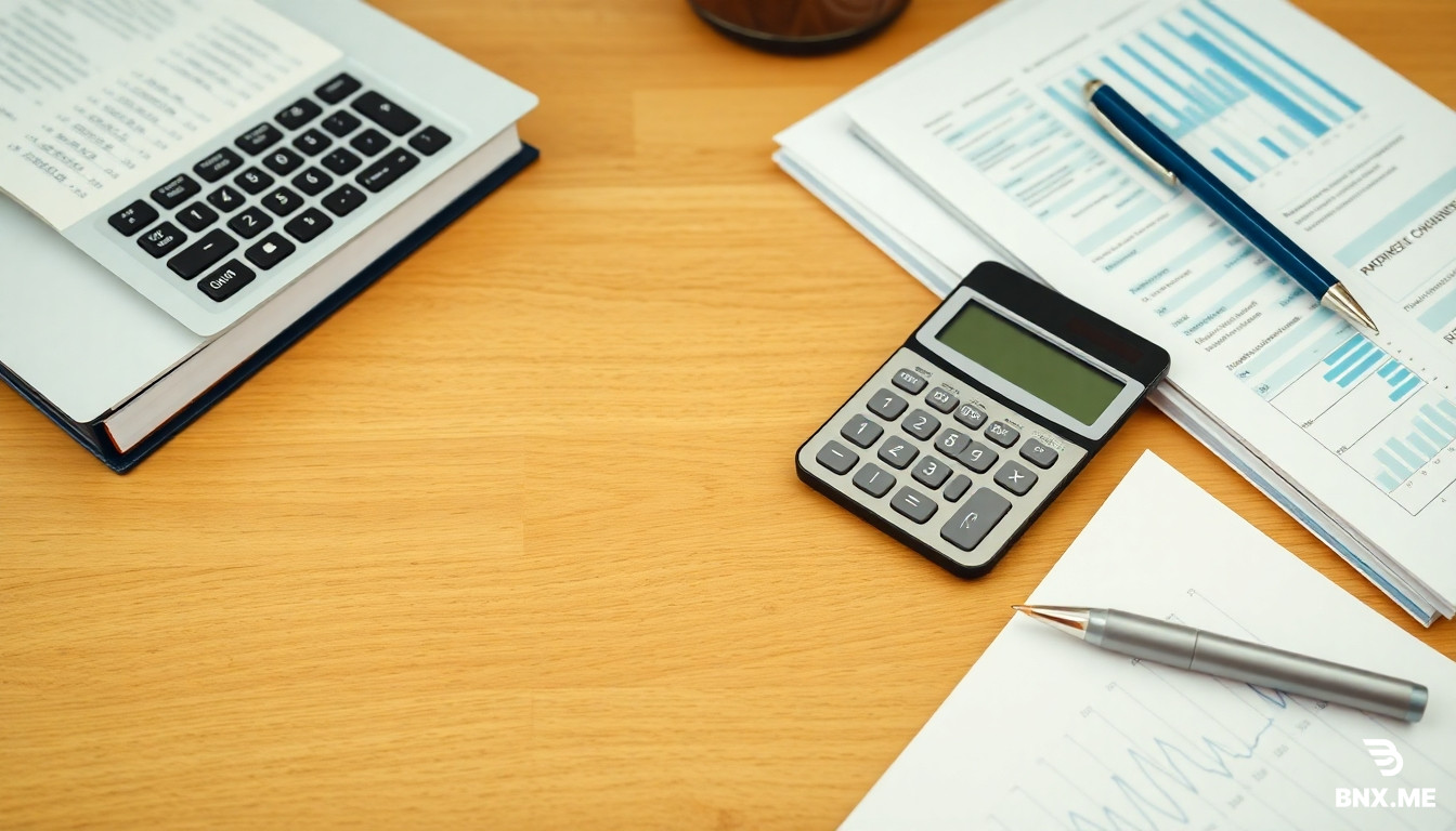 Accounting books and calculator on a wooden desk, pen and financial reports nearby, professional finance concept, high quality