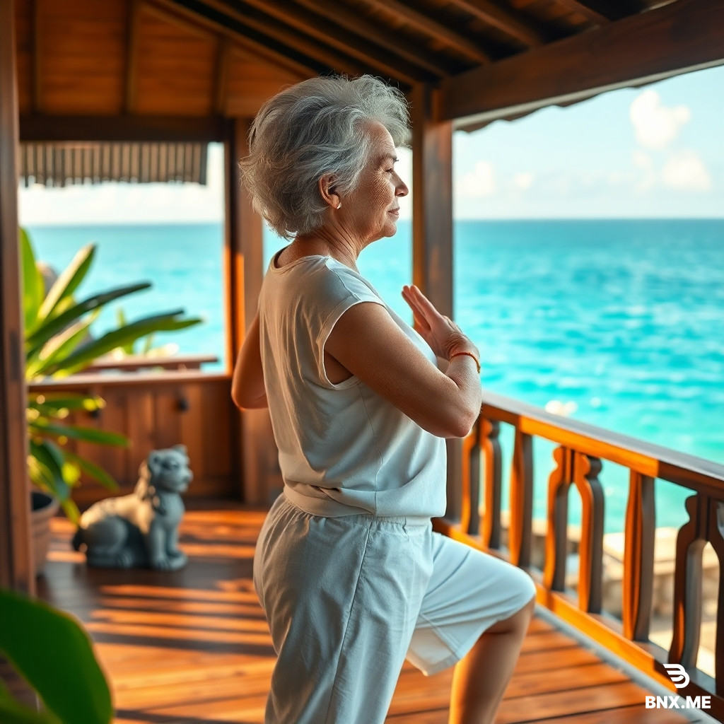 Photorealistic, soft morning light on a traditional Okinawan wooden veranda overlooking turquoise sea. A woman aged 65 with silver hair gracefully performs a gentle hip‑opening yoga pose. She wears simple white cotton clothes. In the background, a small stone shisa lion and green tropical leaves. Warm, peaceful, active aging. Canon R5, 85mm lens, golden hour, high detail.