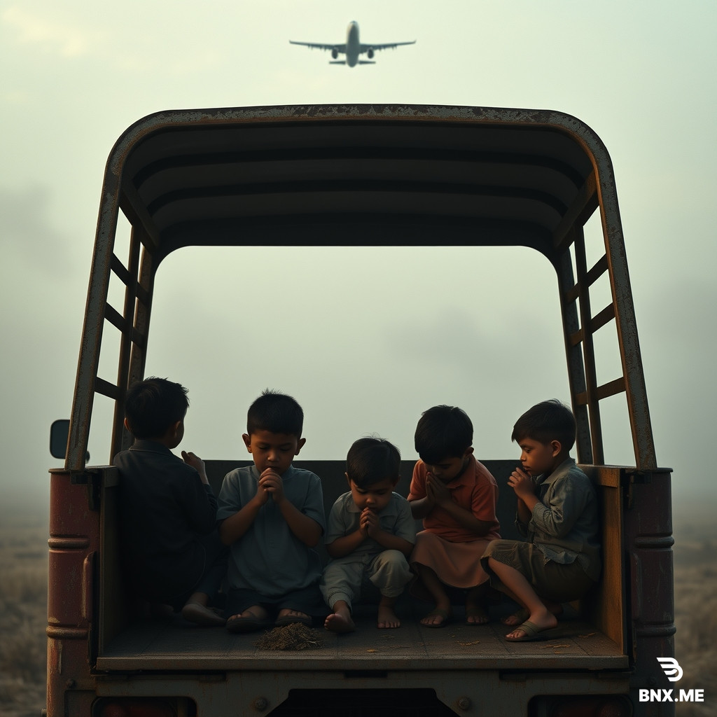 A realistic cinematic scene: children sitting in the back of an old truck, hands clasped in prayer, a distant military plane circling in the sky above, thick fog rolling in from below and wrapping the truck like a blanket, tense and somber atmosphere, soft diffused lighting, detailed, 8k --ar 16:9 --style raw