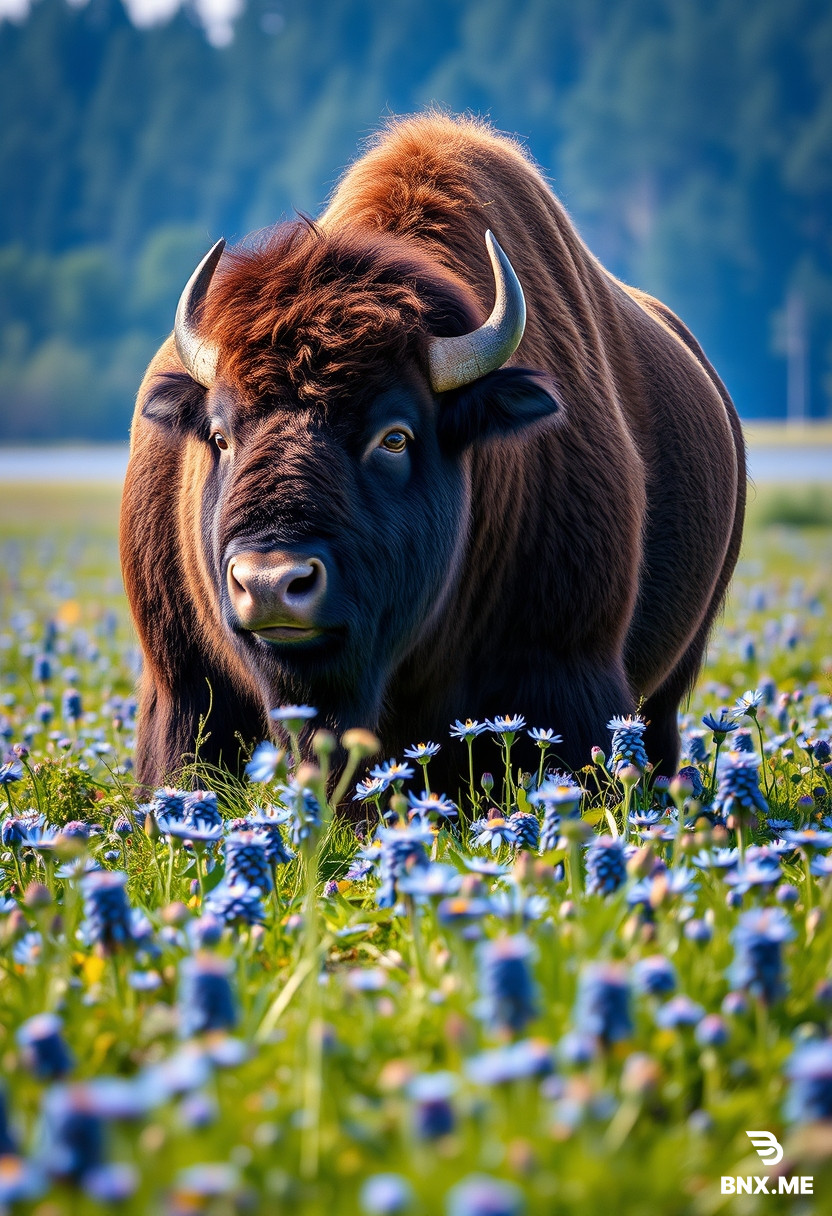 A Belarusian bison stands at the edge of a field of blue cornflowers, with the ancient forest of Belovezhskaya Pushcha visible in the background. Ultra-detailed, 8k resolution, photorealistic, sharp edges, masterpiece, trending on ArtStation, highest quality
