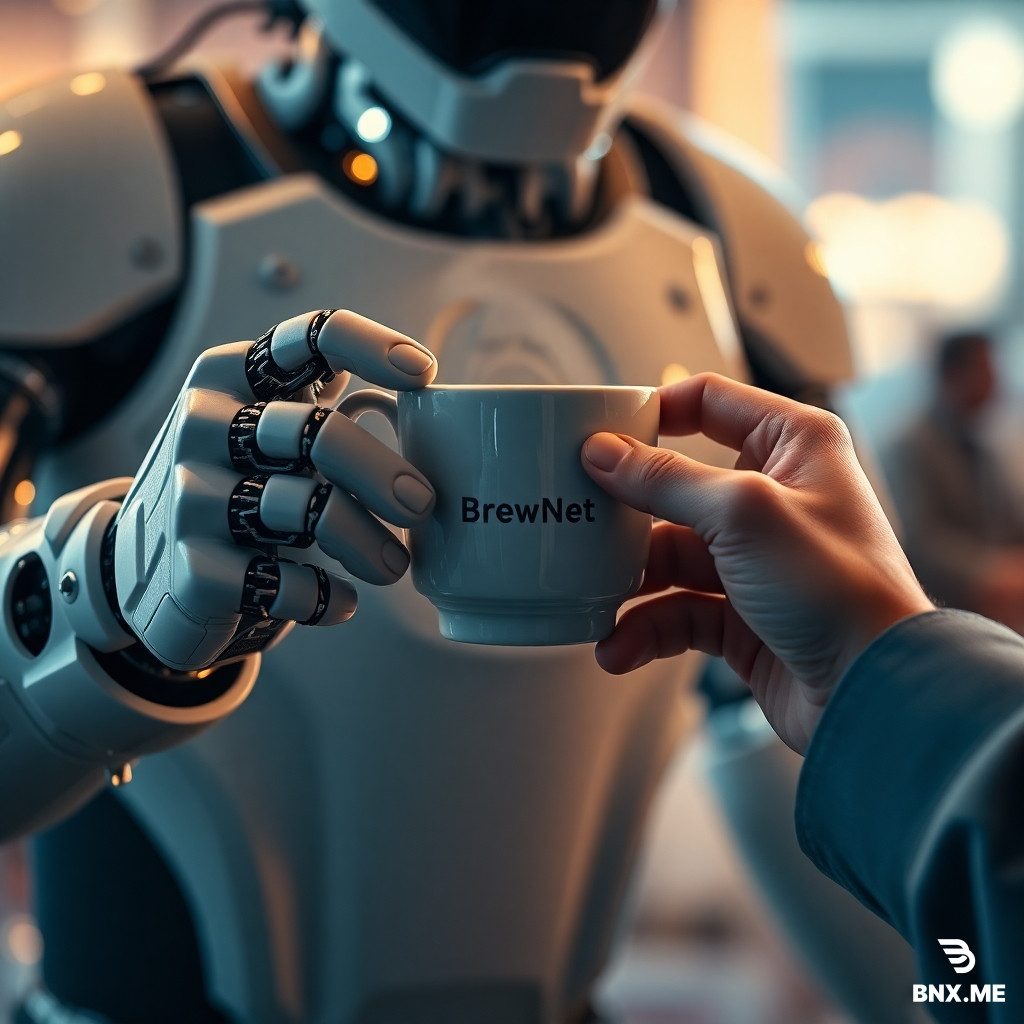 A cinematic, hyper-detailed poster of a futuristic robot barista handing a steaming ceramic cup of coffee to a human customer — extreme close-up on both sets of hands and fingers, showing mechanical articulation and soft, realistic human skin. The robot has a small logo on its chest that reads “BrewNet” in clean sans-serif, warm cinematic rim lighting, shallow depth of field, 8k detail, photorealistic, subtle film grain. Emphasize realistic fingers and correct anatomy, no extra or missing digits, no floating limbs. Include a faint cityscape bokeh in the background.