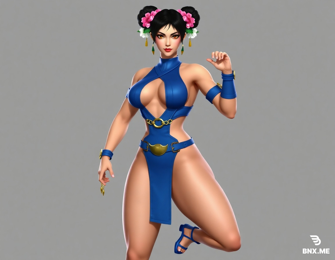 Chun-Li from Street Fighter, character design, female martial artist, black hair styled in distinctive double buns with floral hair accessories, athletic and physically strong body type, thick and heavily muscular thighs and robust lower body, blue high-neck high-cut one-piece swimsuit, chest cutout with gold crescent-shaped metal ornaments, gold chain details around the waist, open back design with crisscrossing blue straps and gold buckles, blue wristbands, blue strap encircling the left thigh, gold anklet with dangling details, blue strappy high-heeled sandals, neutral facial features, detailed 3D character texture.