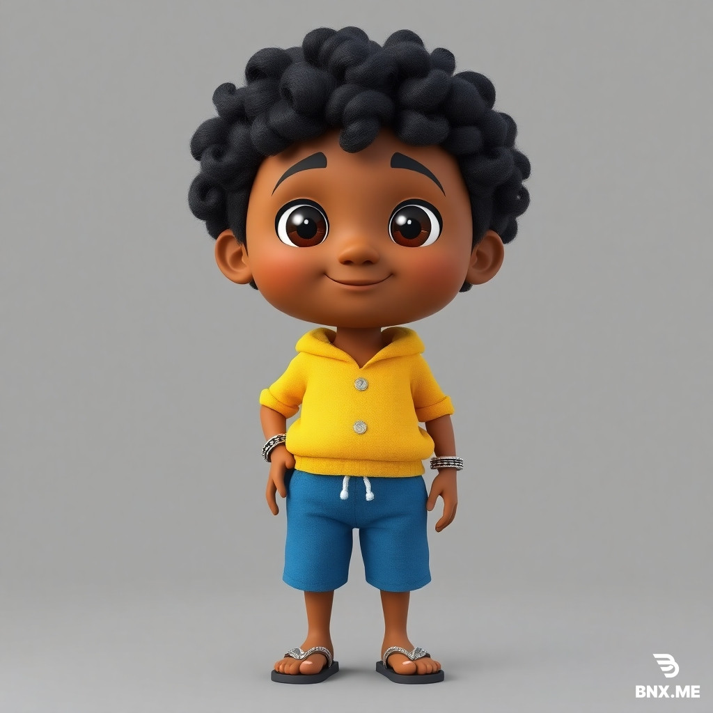 Front view, Full body T-Pose, Stylized 3D Indian village boy, medium brown Indian skin, round funny face, curly black hair, large nose, big lips, expressive brown eyes, long fingers, slim legs, wearing a plain yellow hoodie without cap, blue half shorts with white drawstring, simple rubber slippers, silver kada on both wrists, symmetrical body, clean topology, Pixar style, game-ready character, PBR materials, soft studio lighting, neutral gray background, centered, no props, no shadow, no text, ultra high detail, 8K.