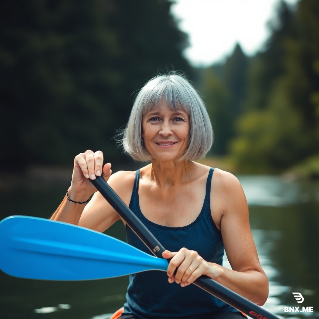 Middle aged thin lady with bob haircut holding a paddle