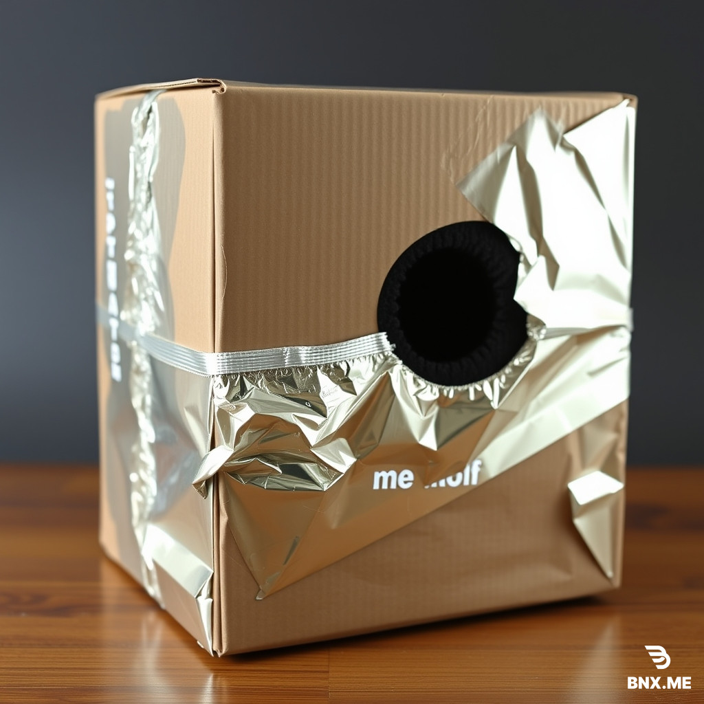 Masks me a card board box with tin foil wrapped around it and black strong foam and 6in by 6in by 6in