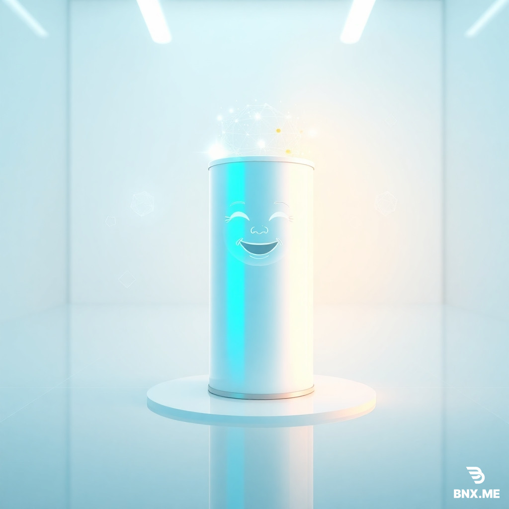 A futuristic and minimalist advertisement for high-tech baby milk powder. The product, a sleek, white cylindrical can with a holographic label, is placed in the center of a clean, white, high-tech laboratory environment. A digital hologram of a baby's face is floating above the can, showing a happy and satisfied expression. The hologram is made of glowing blue and gold data points, symbolizing intelligence and advanced nutrition. Surrounding the product are floating, transparent geometric shapes. The lighting is cool and crisp, with a focus on the product. The composition is symmetrical and modern, conveying a sense of innovation, science, and premium quality. Photorealistic, 3D render, octane render, 8k, sharp details.