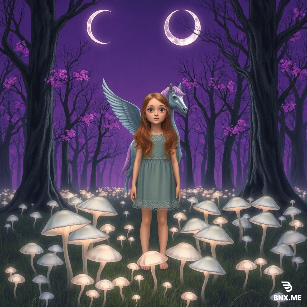 A girl with honey-brown hair stands frozen in a forbidden forest, her eyes wide as she takes in the world around her. Two crescent moons hang in a deep violet sky that casts a purple glow over everything. At her feet, transparent silver mushrooms pulse with faint inner light. The ground has no grass—only pale fungus crawling up the roots of towering hollow trees with torn pinkish-purple leaves. No flowers grow anywhere. A silver Pegasus with a violet mane stands behind her, watching her silently. The atmosphere is eerie, beautiful, and ancient. The trees seem to lean toward the girl, as if listening. Everything is still. The air is thick with magic and silence.