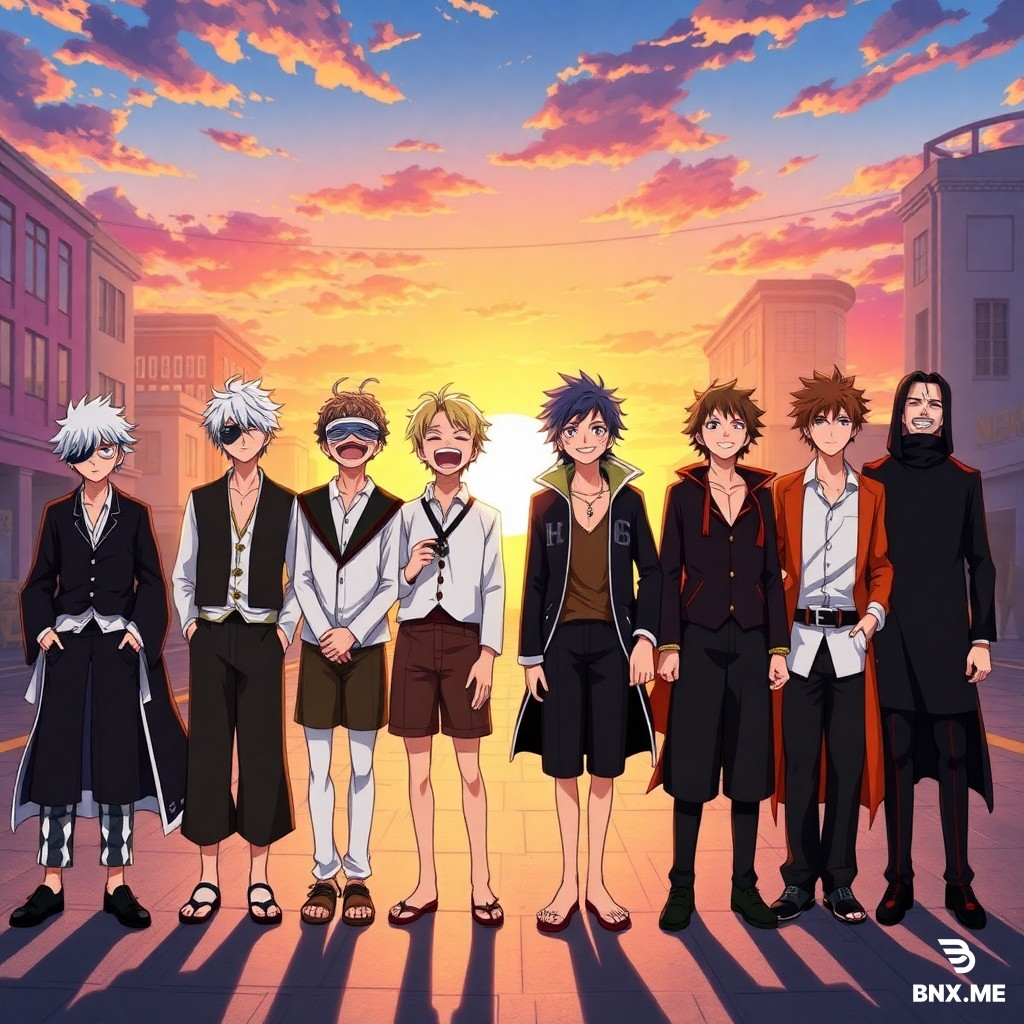 Sure! Here's a detailed English prompt perfect for generating an image of this epic scene:---Prompt:Eight iconic anime characters — Aizen (Bleach), Gojo (Jujutsu Kaisen), Inosuke (Demon Slayer), Light Yagami (Death Note), Zoro (One Piece), Noel Silva (Black Clover), Obito, and Madara (Naruto) — standing side by side in a single straight line, all laughing together uncontrollably. Each character has their unique traits: Aizen with his mysterious smirk, Gojo with his blindfold slightly tilted and white hair messy, Inosuke wearing his boar mask but laughing loudly from the chest, Light with a mischievous schoolboy grin, Zoro with a rare warm smile, Noel with elegant posture but laughing eyes, Obito and Madara standing shoulder to shoulder with ironic, bittersweet laughter. The background is a surreal sunset battlefield mixed with a modern city street, symbolizing peace after conflict. The atmosphere is warm, joyful, and epic. Art style: vibrant anime illustration, cinematic lighting, high detail, colorful, group portrait, dynamic expressions, studio-quality render