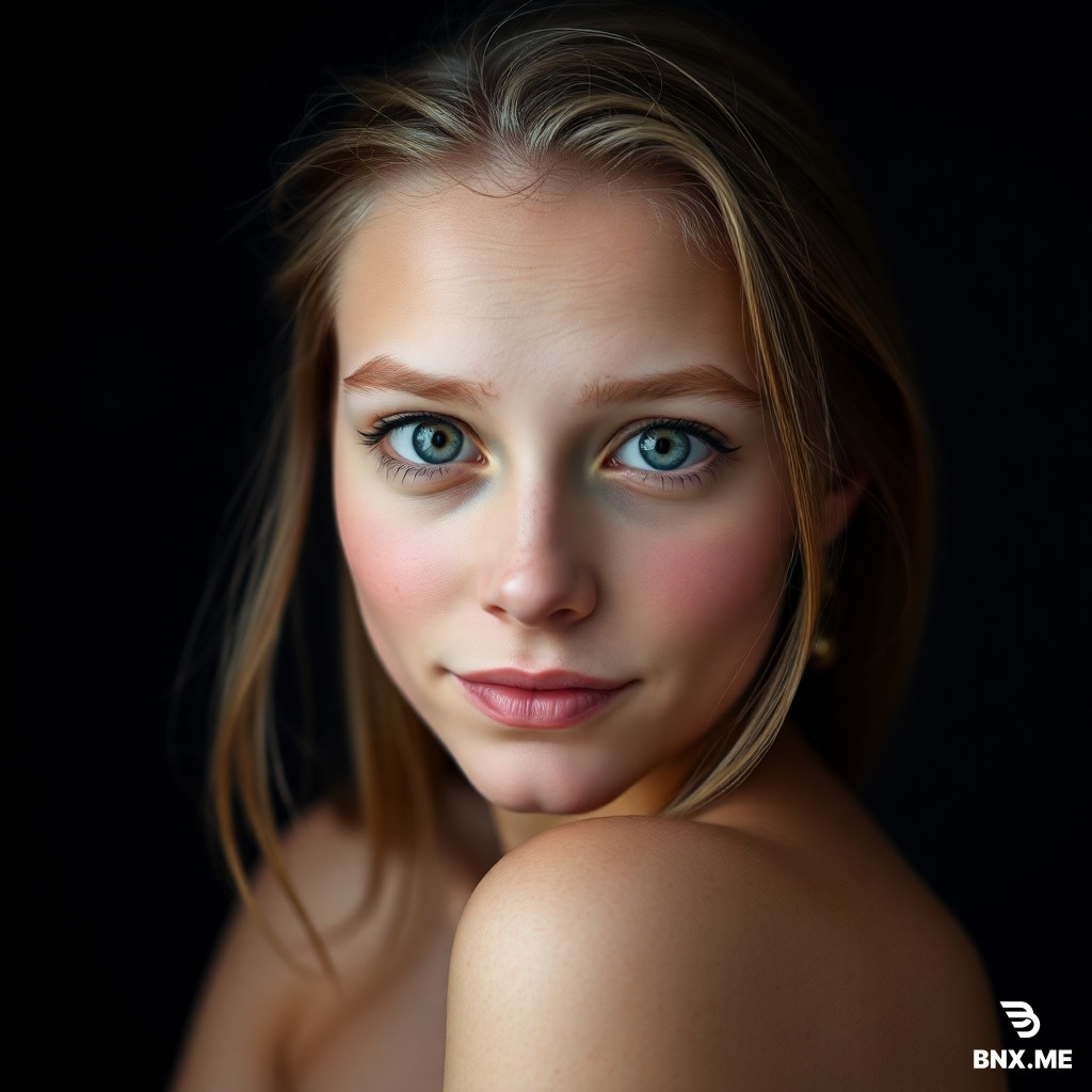 MAKE photo. very Young female Danish eyes. Imtense Look at viewer, freckled skin, Dark background, backlight, Natural Look, smirk, shoulder, flushed face skin, nude