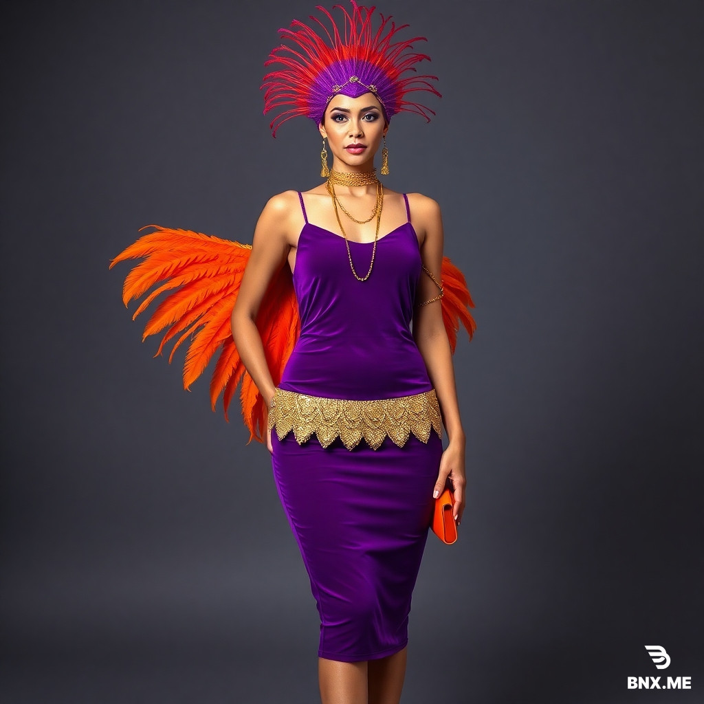 Full-length fashion photoshoot of a woman with medium build, short purple velvet slip dress, bodycon fit (no folds, no pleats, skin-tight), thin spaghetti straps. Over the dress — a short golden sparkling overskirt in an inverted triangle shape, length just below the dress hem. High standing feather collar (peacock-style) rising above the head, completely encircling the neck and chin, made of bright orange feathers. Golden glittering chains visibly draped over bare shoulders and attached to the dress straps, hanging down. Purple hair (vivid violet), short gold necklace, long gold dangling earrings, orange flat sandals, orange clutch. Carnival Rio theme, theatrical costume, dramatic studio lighting, sharp details on feathers and chains, photorealistic, 8k, hyper-detailed --ar 3:4 --v 6