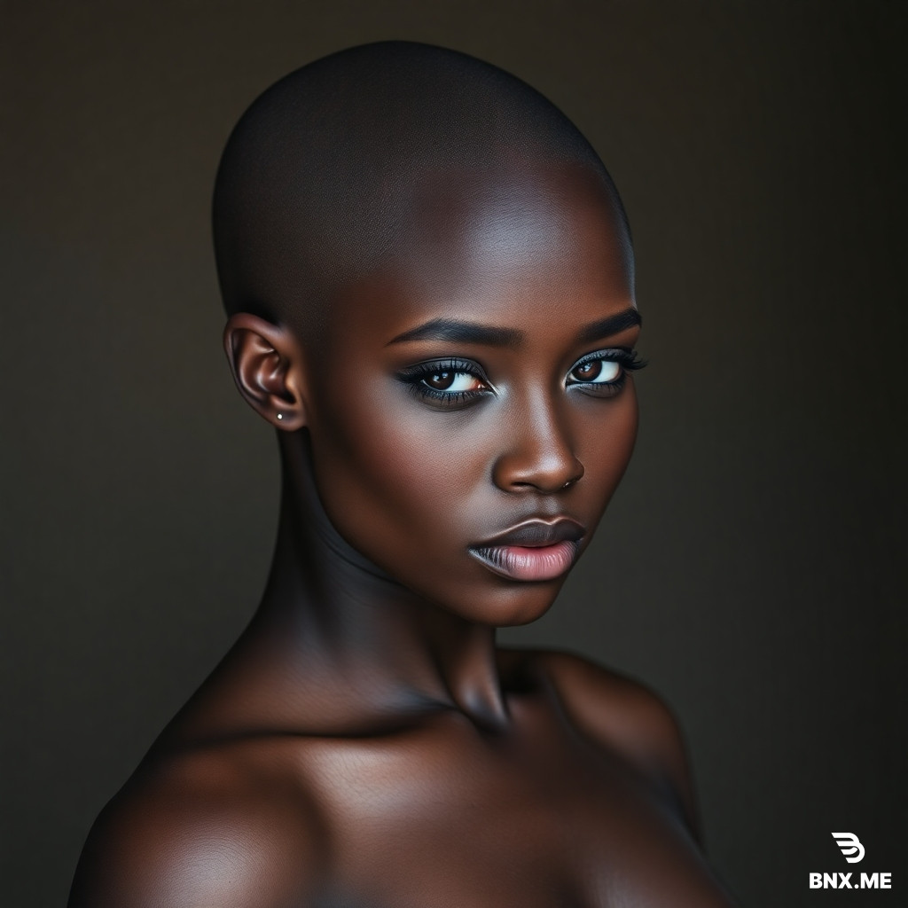 young sexy naked black woman, full body, bald head, large bust, photorealistic