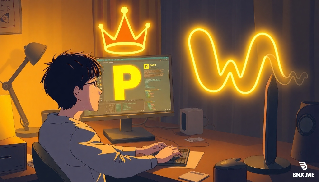 anime cinematic illustration, Makoto Shinkai style, cozy desk at night with desk lamp warm glow, computer monitor showing software interface with big letter P visible, a young man focused typing on keyboard, glowing golden crown shape floating above his head like letter K, W-shaped wave pattern on the wallpaper, creative atmosphere, warm yellow light, detailed workspace, widescreen 16:9 composition