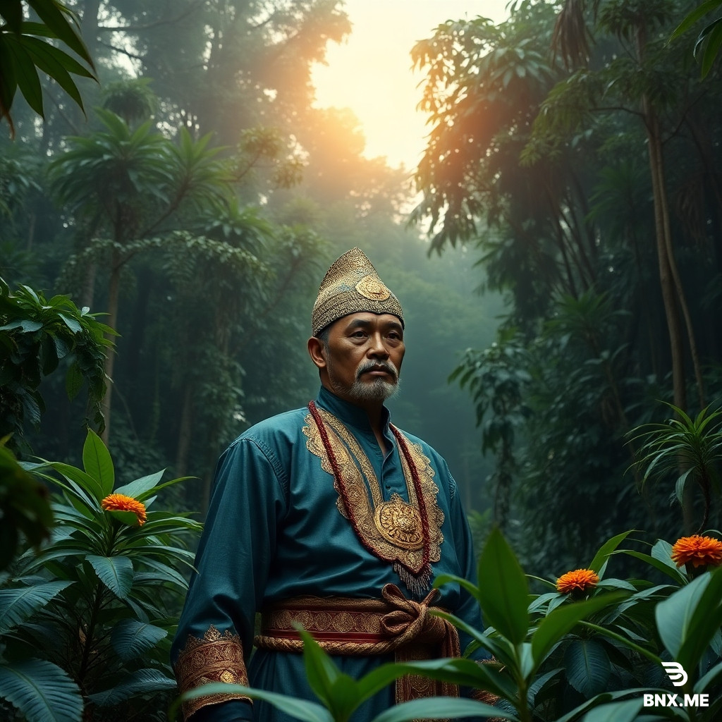 Potret sinematik dan fotorealistik dari seorang prajurit buaya yang ganas sebagai karakter utama, berlatar di dalam hutan lumut kuno dan mistis. Buaya tersebut menampilkan bekas luka pertempuran suku yang rumit dan dihiasi dengan baju zirah detail yang terinspirasi dari Indonesia, terbuat dari kayu gelap, filigran emas, dan anyaman rotan. Latar belakang hutan lebat dipenuhi dengan tanaman merambat yang menjuntai, flora yang bercahaya, dan kabut volumetrik atmosfer yang ditembus oleh sinar matahari dramatis yang menyaring melalui kanopi yang tebal. Diambil dengan lensa 85mm, aperture f/1.4 untuk kedalaman bidang yang dangkal, menciptakan fokus tajam pada reptil ganas dengan latar belakang bokeh yang indah dan buram. Pencahayaan chiaroscuro yang dramatis dan muram menyoroti tekstur sisik yang basah dan lumut yang lembap. Tipografi yang berani dan bergaya terintegrasi dengan mulus ke dalam adegan, menampilkan teks "INeW/INDONESIAN Warrior" yang ditampilkan secara mencolok, dengan julukan yang lebih kecil "40 jie" ditempatkan dengan elegan di atasnya. Gaya seni konsep fantasi epik, tekstur yang sangat detail, gradasi warna dalam warna teal dan emas --ar 1:1 --v 6.0