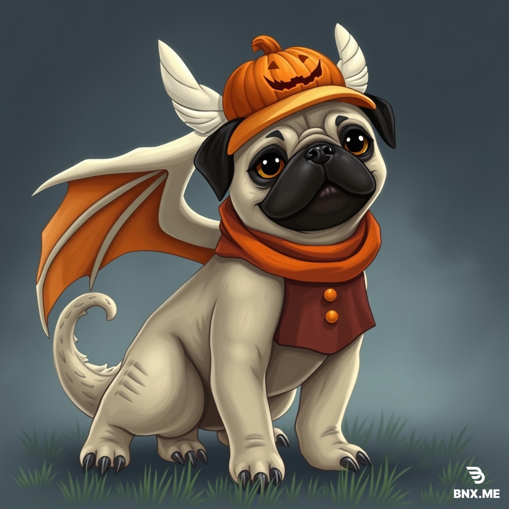 Please generate and image of a dragon similar to the light fury like in How to train your dragon and a separate pug with a halloween theme