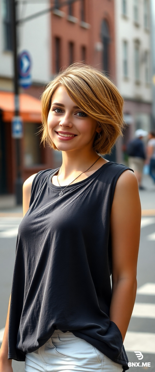 beautiful woman with short hair, c cup breasts size, wearing a oversized tank shirts, wearing converse,  street setting