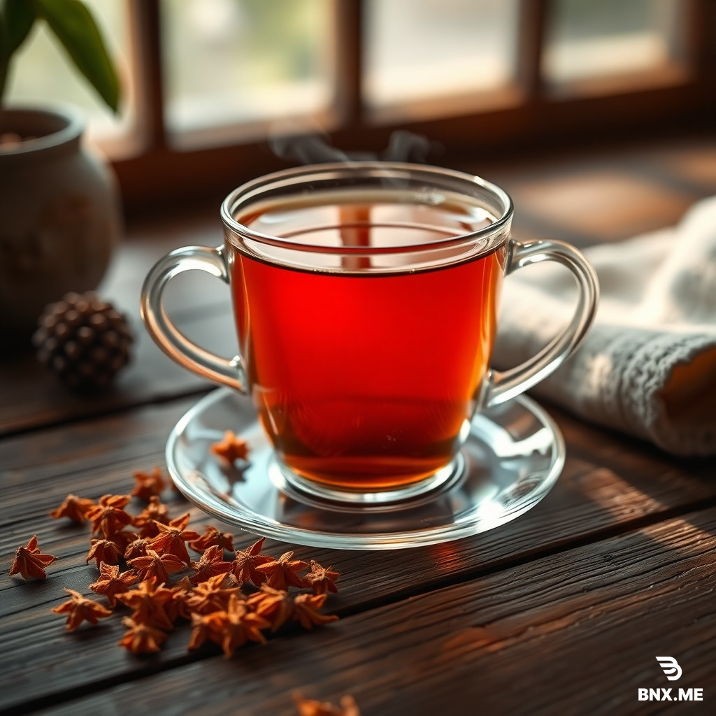 "A photorealistic close-up shot of a steaming glass cup of amber-colored herbal tea, with a few dried orange blossoms (bahar narang) scattered on a wooden table, soft natural light, warm and cozy atmosphere, ultra-detailed"
