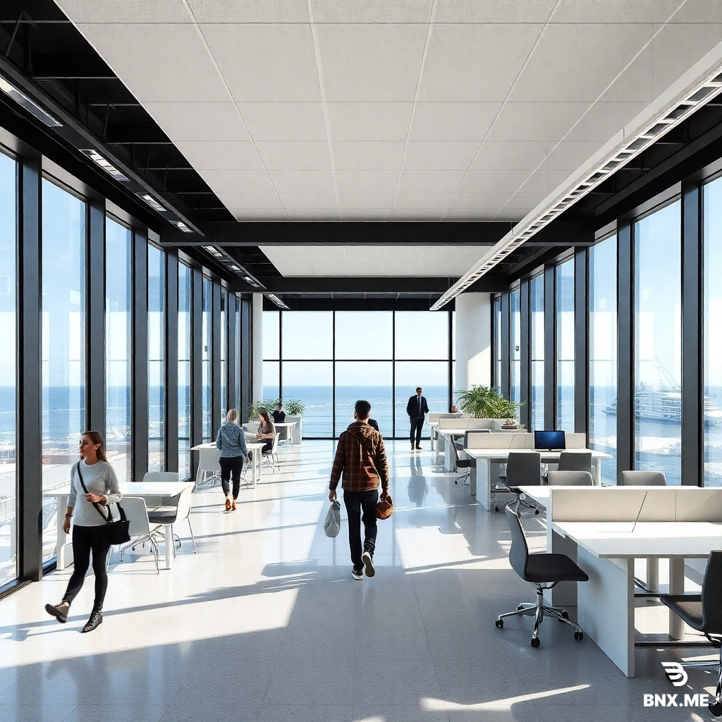 design a coca cola style office corporate workplace with sea side views and people walking in th eoffic